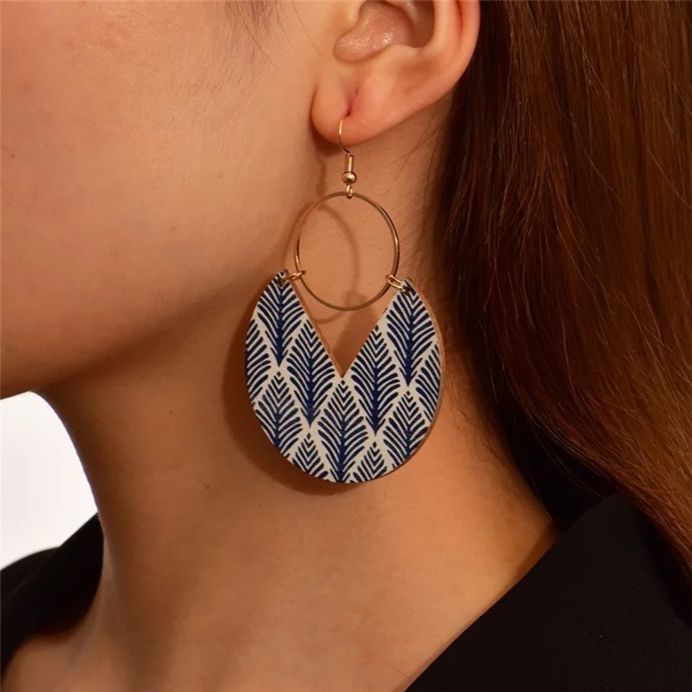 Geometric boho earrings leaf pattern hook drop circle